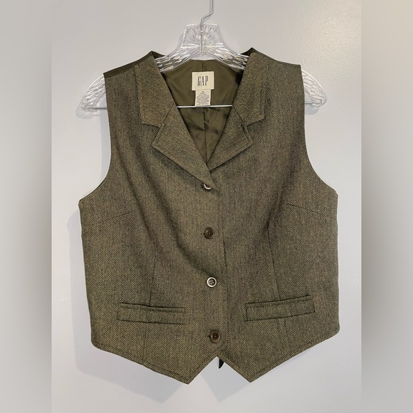 GAP Jackets & Blazers - Gap Women’s Wool Blend Green Brown Tweed Herringbone Vest Satin Back Size Medium